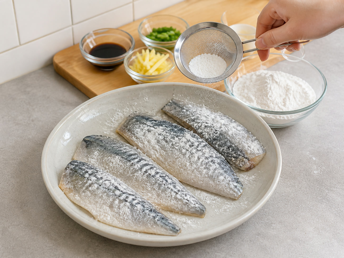 薑汁豉油香煎鯖魚: 薄灑粟粉