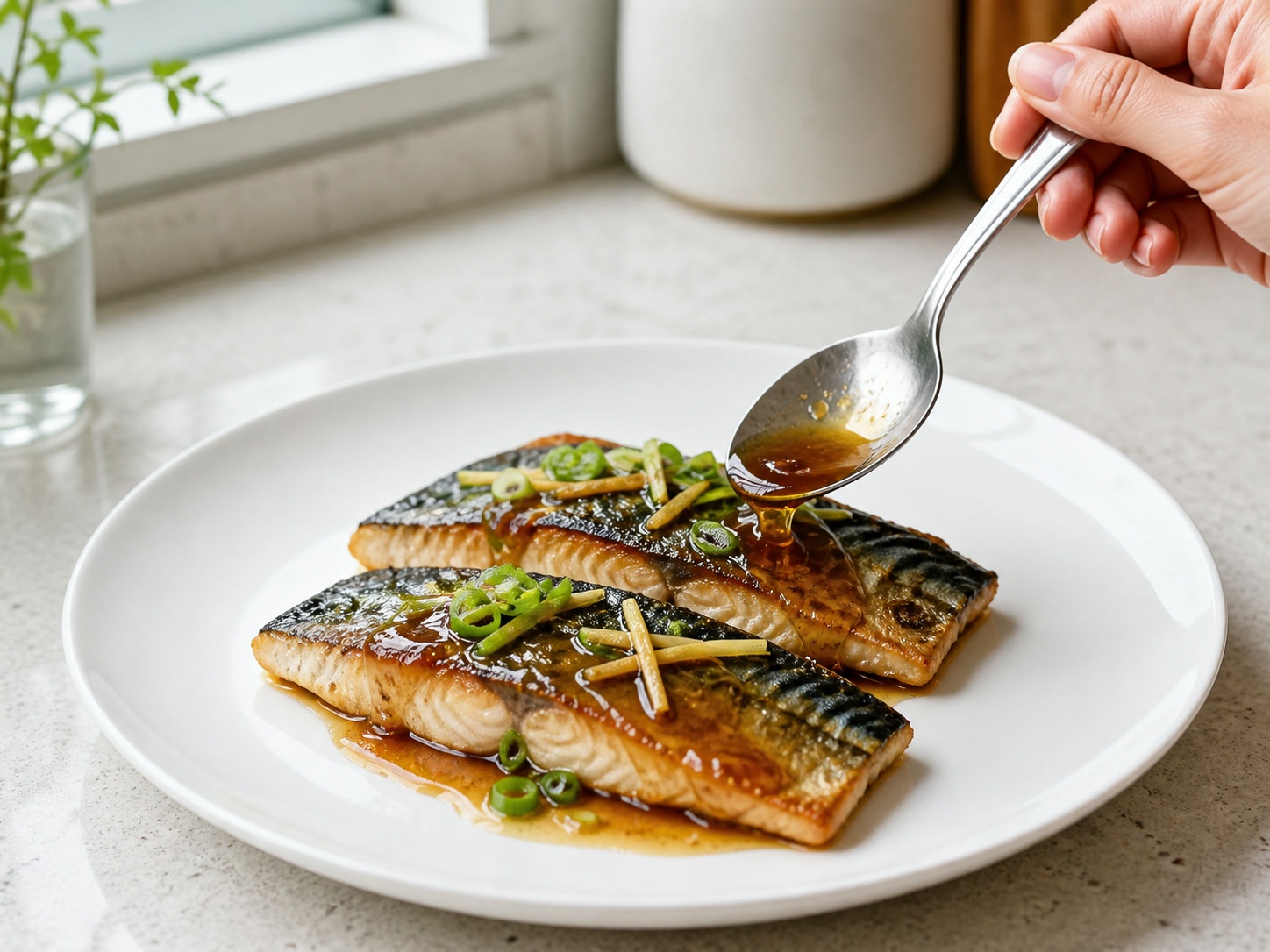 薑汁豉油香煎鯖魚: 淋汁上桌