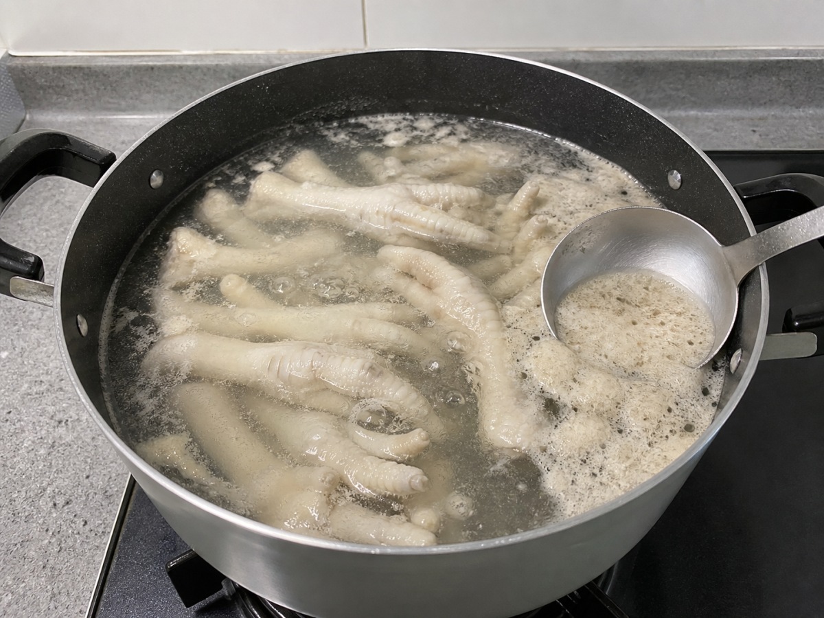 木瓜花生雞腳湯: 撇去浮沫