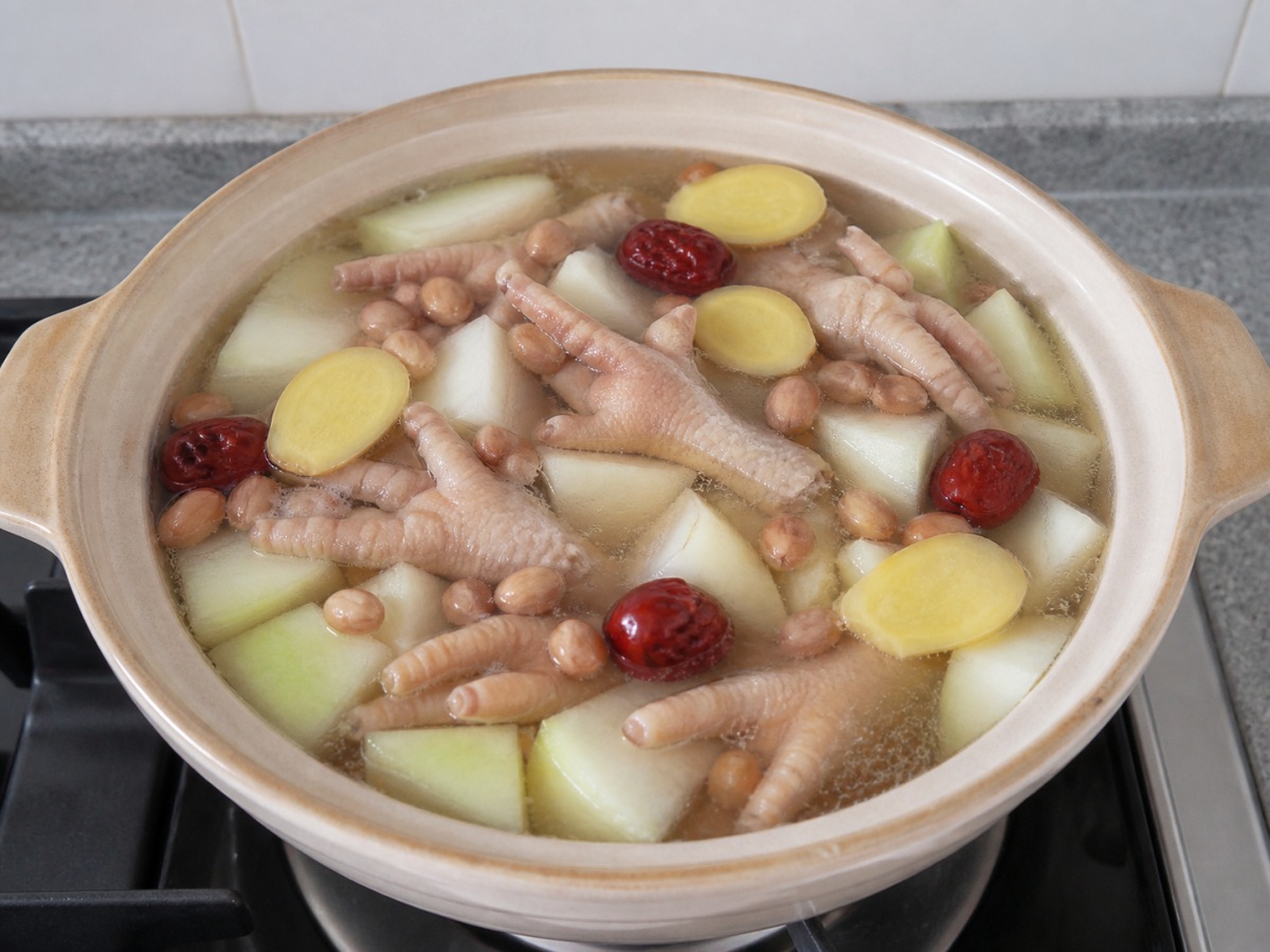 木瓜花生雞腳湯: 加入配料