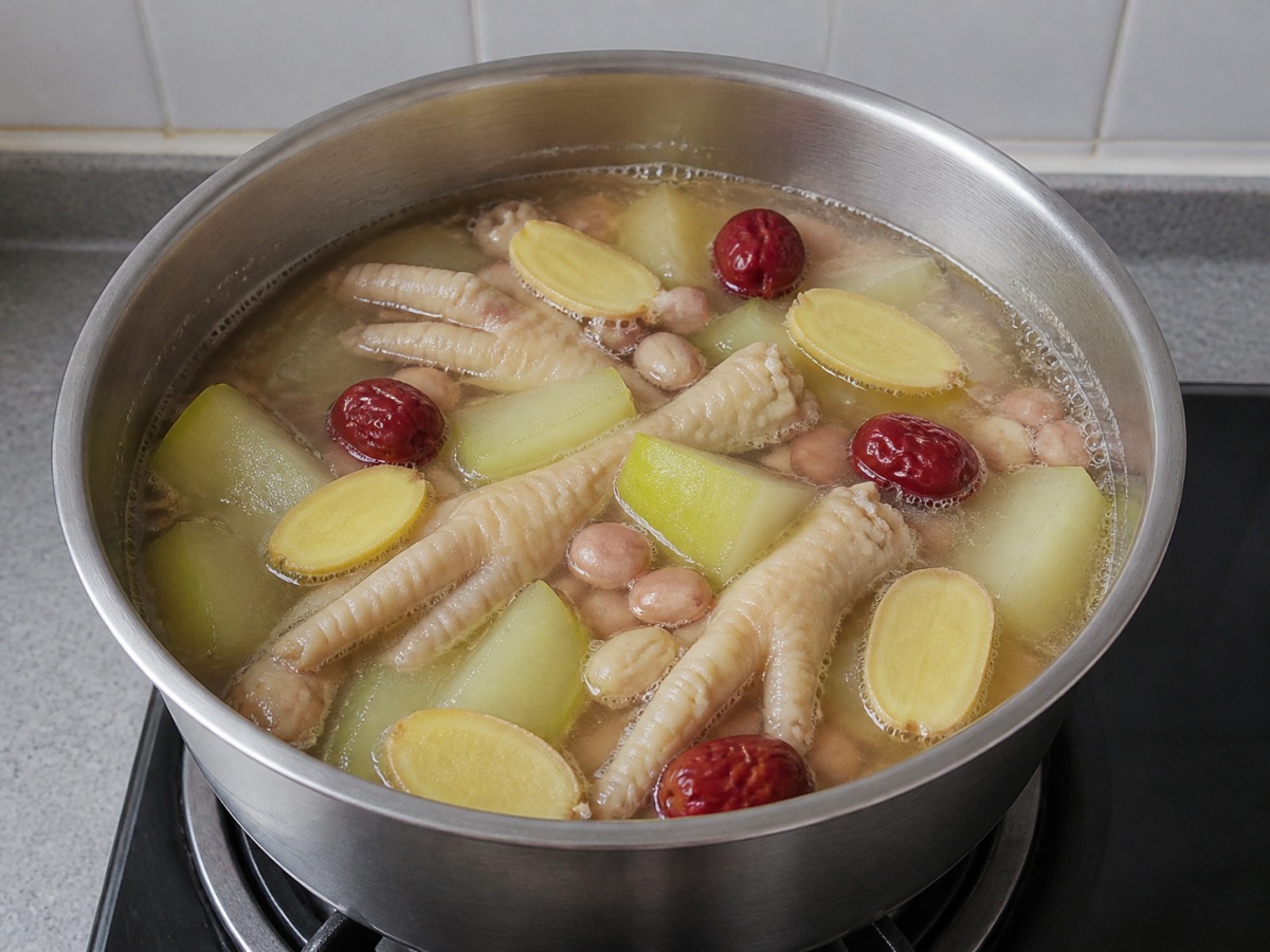 木瓜花生雞腳湯: 轉小火