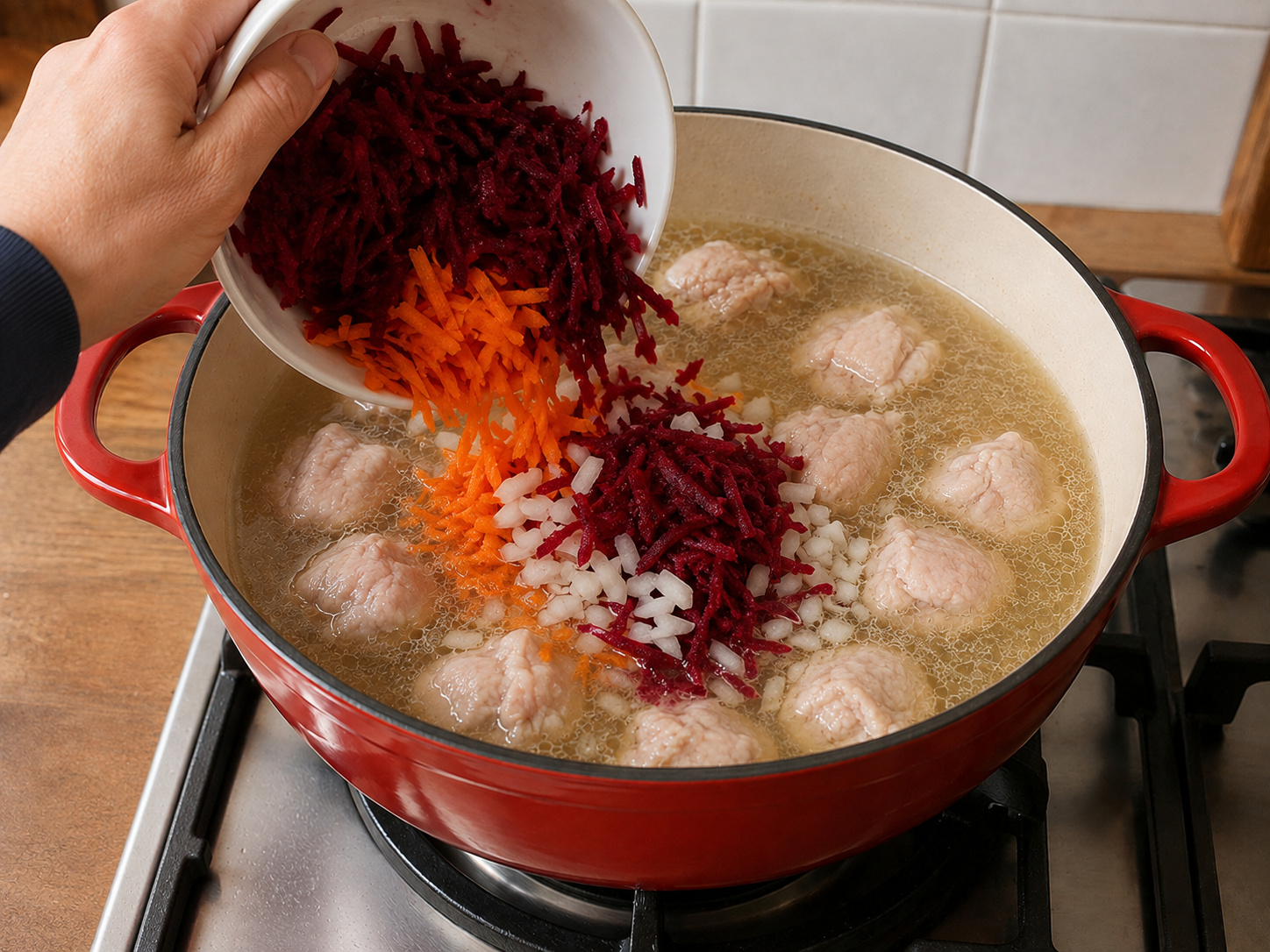 Polish Beetroot Chicken Borscht — Add beetroot, carrots and onion