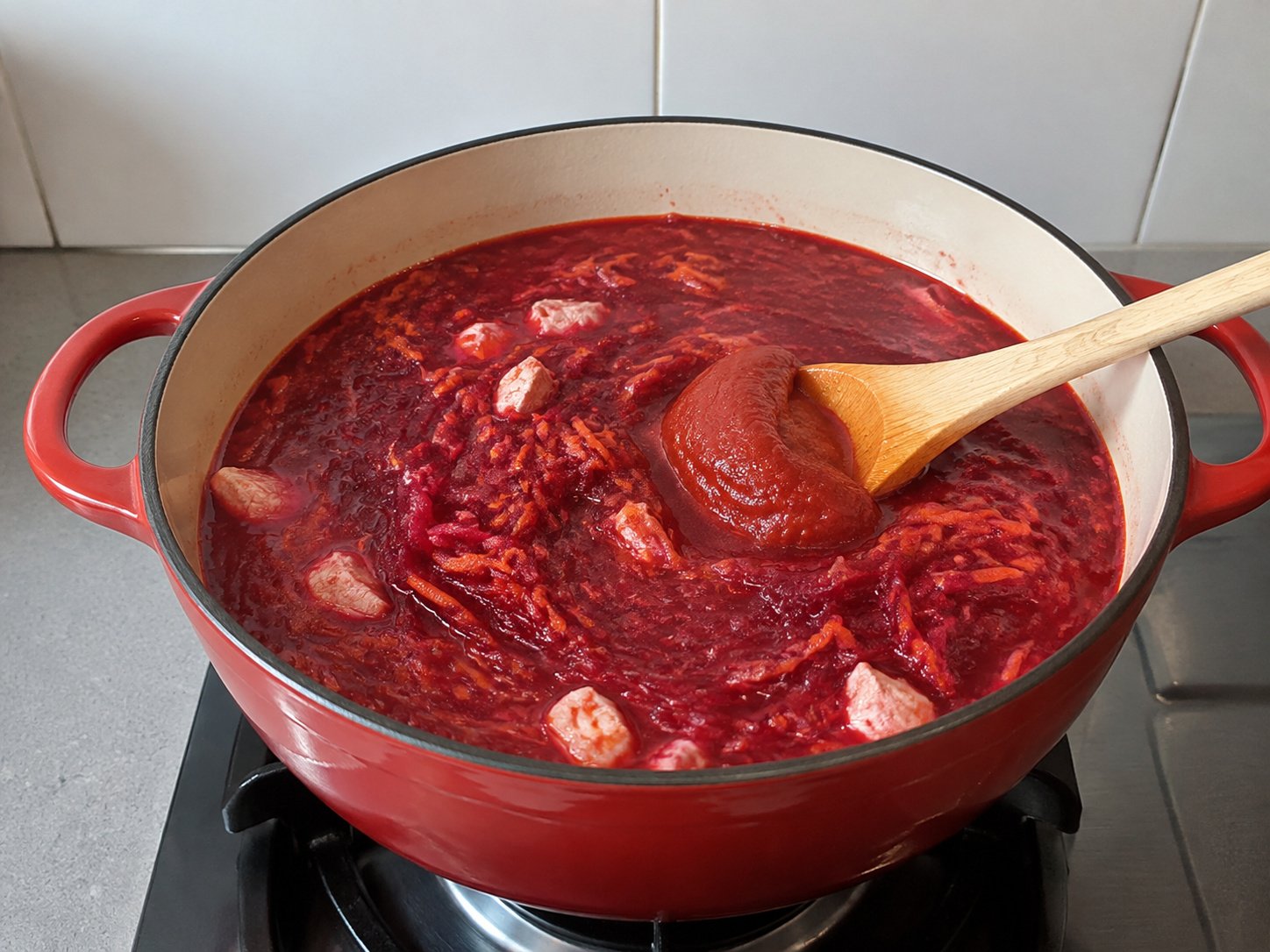 Polish Beetroot Chicken Borscht — Stir in tomato paste and simmer fifteen minutes