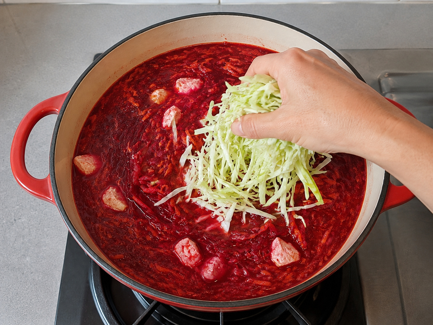 Polish Beetroot Chicken Borscht — Add cabbage and simmer until tender
