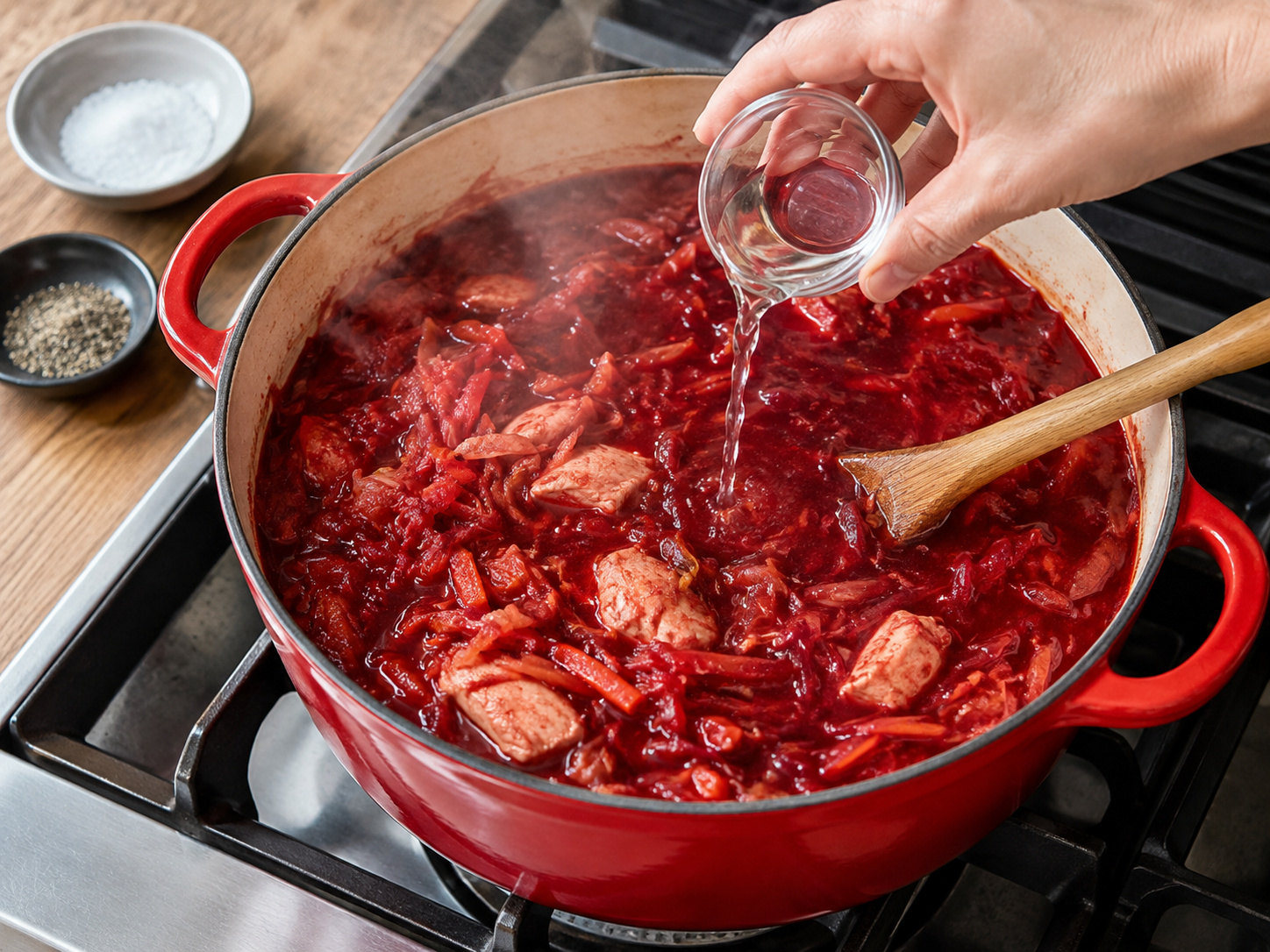 Polish Beetroot Chicken Borscht — Season with vinegar, salt and pepper