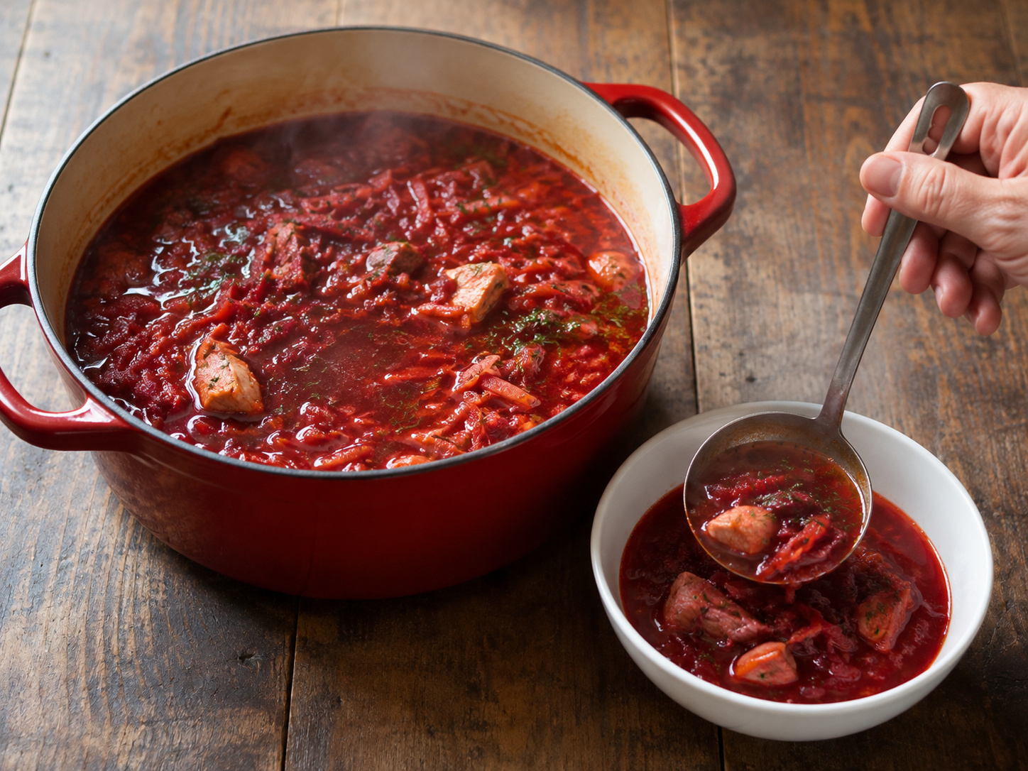 Polish Beetroot Chicken Borscht — Add dill and ladle into bowls