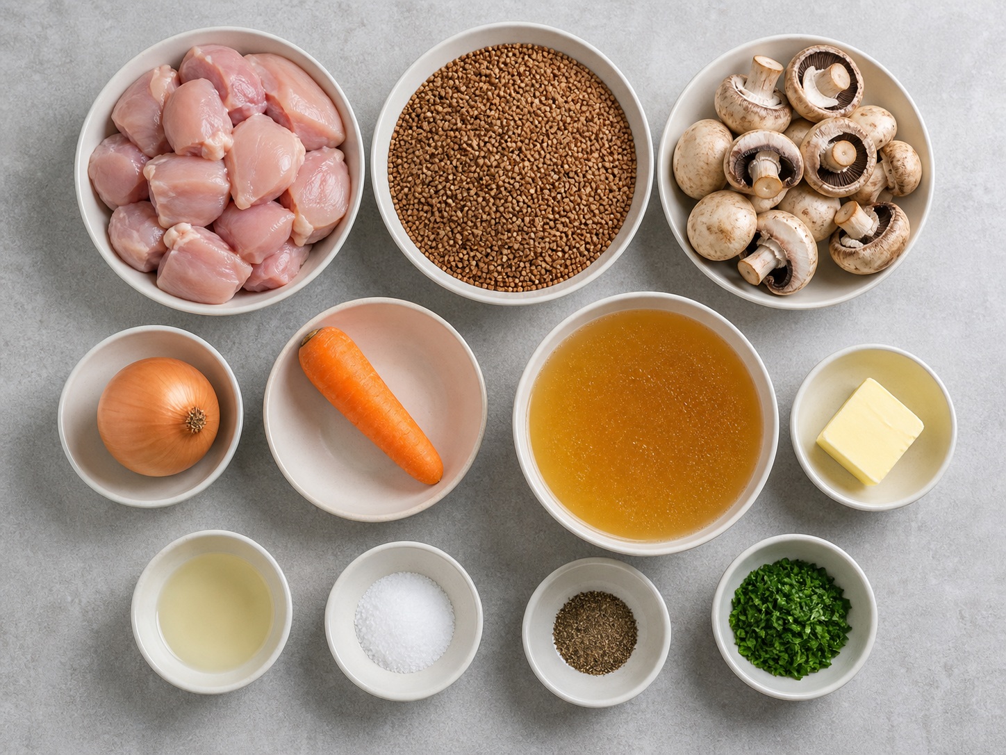 Polish Chicken, Buckwheat at Mushroom Pilaf: 500 g manok, 300 g butong bakwit, 300 g kabute, 1 piraso sibuyas, 1 piraso karot, 700 ml sabaw ng manok, 30 g mantikilya, 1 kutsara mantikang walang matapang na lasa, 1 kutsarita asin, 1/2 kutsarita Dinurog na itim na paminta, 2 kutsara parsley