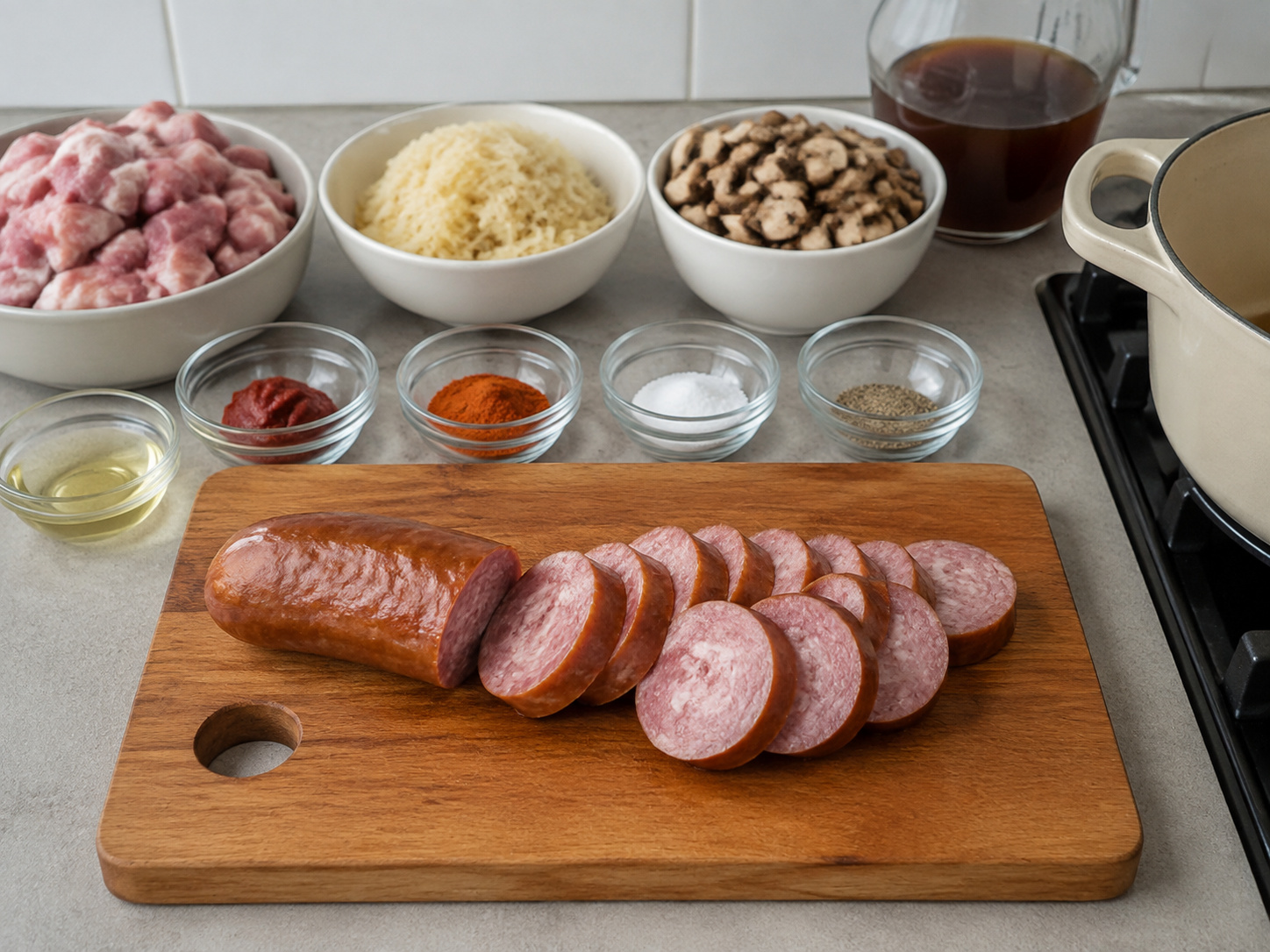 Bigos Babi dan Sauerkraut Polandia — Iris tebal sosis asap
