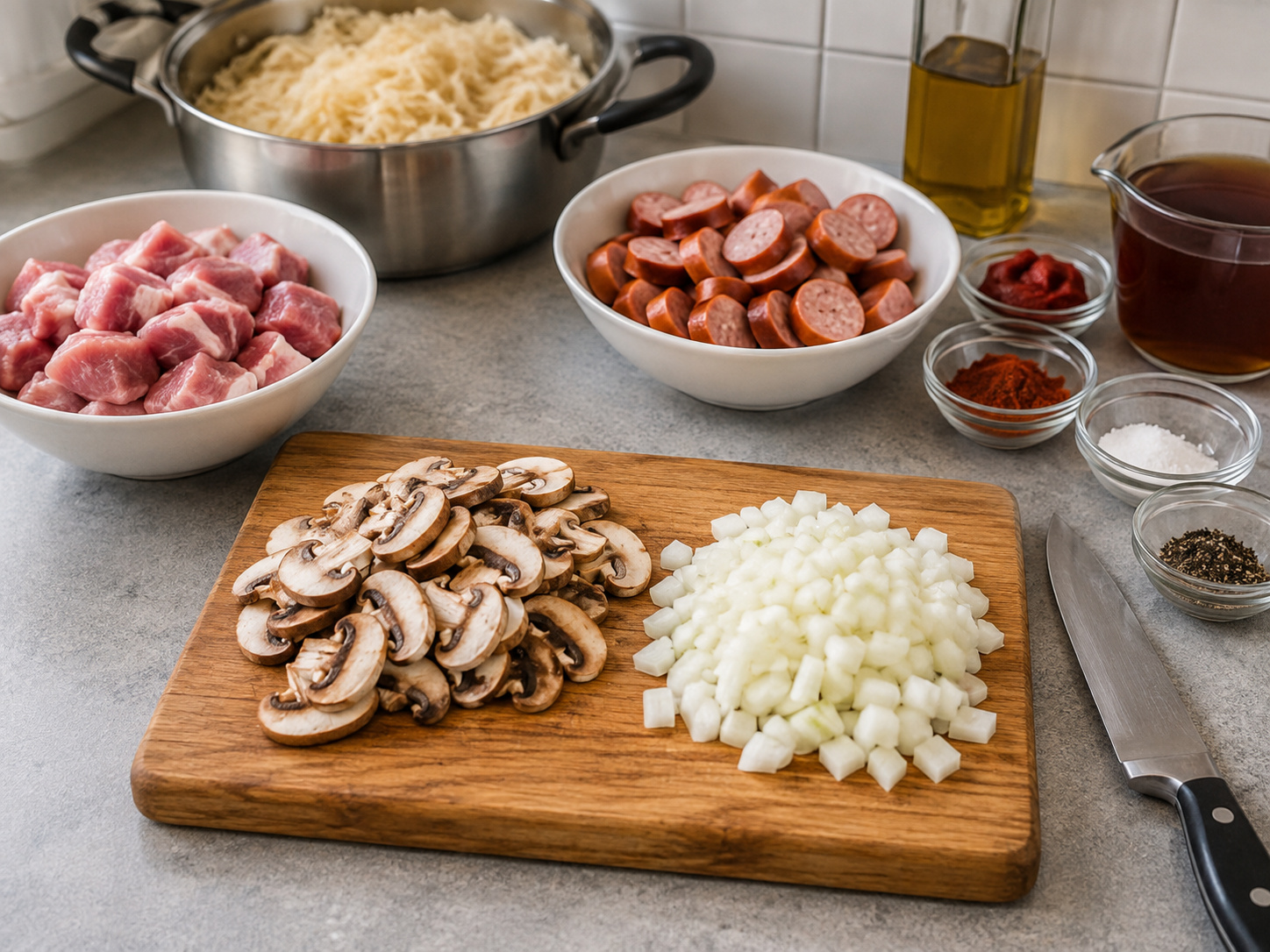 Bigos Babi dan Sauerkraut Polandia — Iris jamur dan cincang bawang