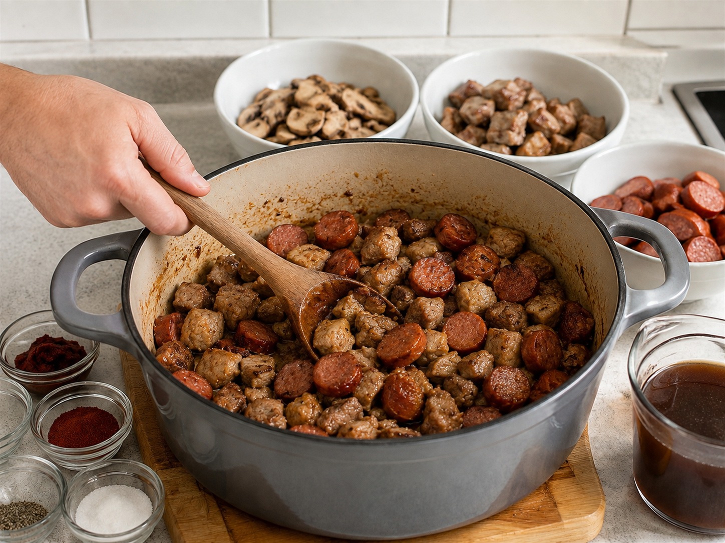 Bigos Babi dan Sauerkraut Polandia — Tambahkan sosis lalu cokelatkan tepinya