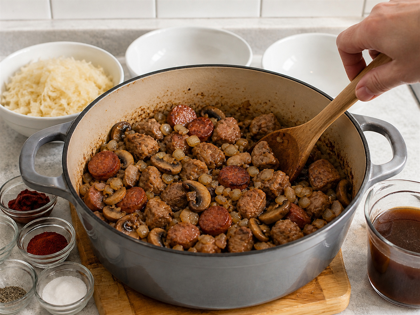 Bigos Babi dan Sauerkraut Polandia — Tambahkan bawang dan jamur lalu masak lunak