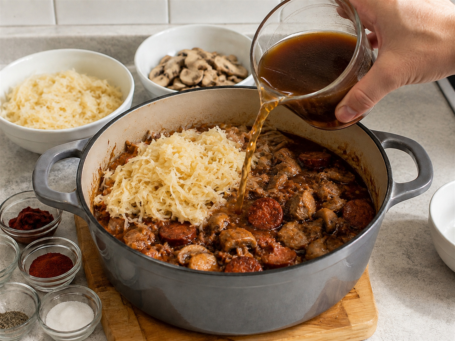 Bigos Babi dan Sauerkraut Polandia — Tambahkan sauerkraut dan kaldu sapi