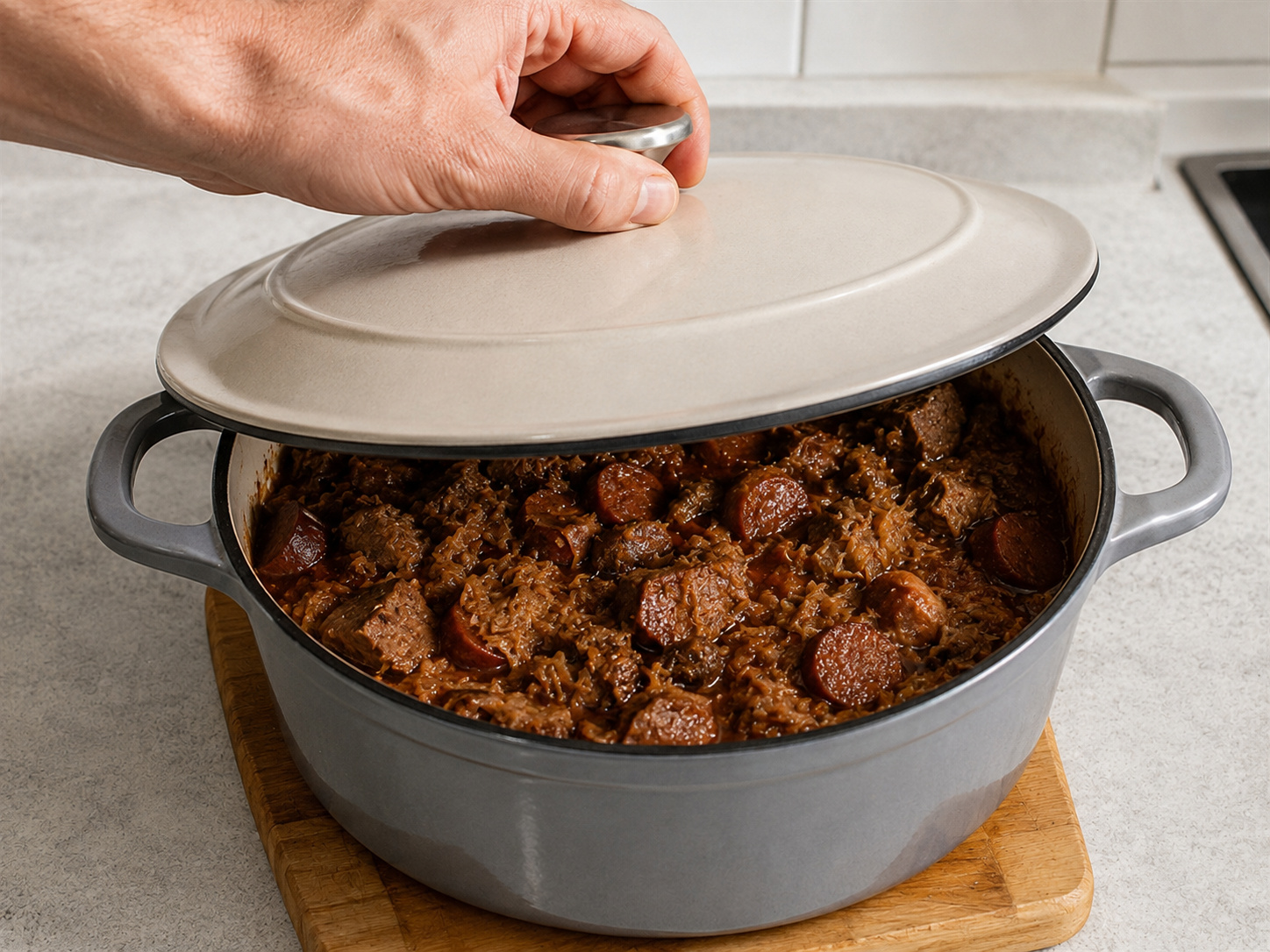 Bigos Babi dan Sauerkraut Polandia — Tutup lalu rebus perlahan satu jam