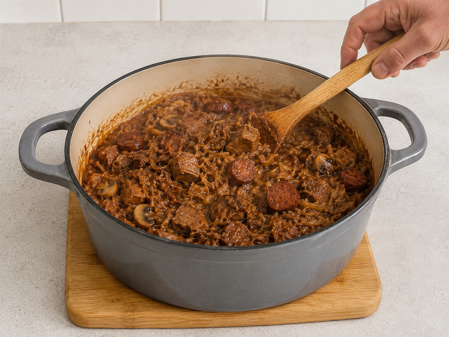 Bigos Babi dan Sauerkraut Polandia — Buka tutup lalu masak hingga kuah sedikit mengental