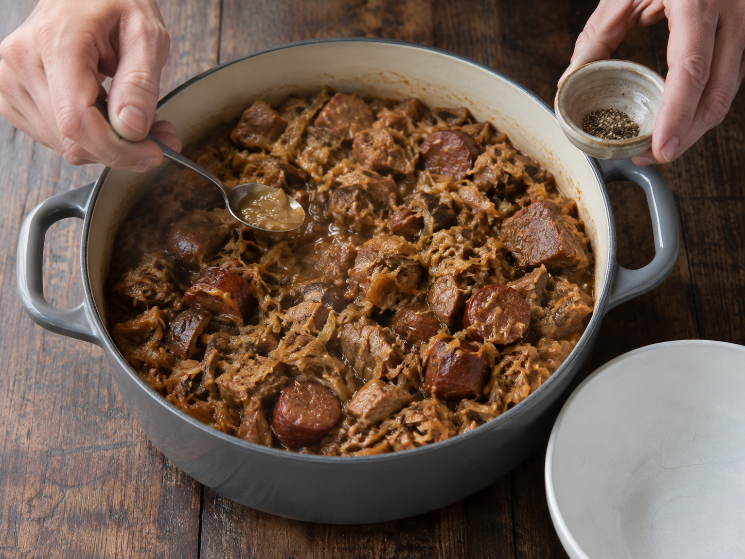 Bigos Babi dan Sauerkraut Polandia — Cicipi, sesuaikan garam dan lada, lalu sajikan