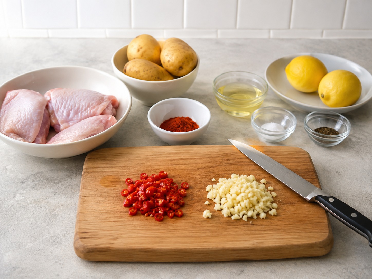 Ayam Piri-Piri dan Kentang Portugis — Cincang cabai dan bawang putih