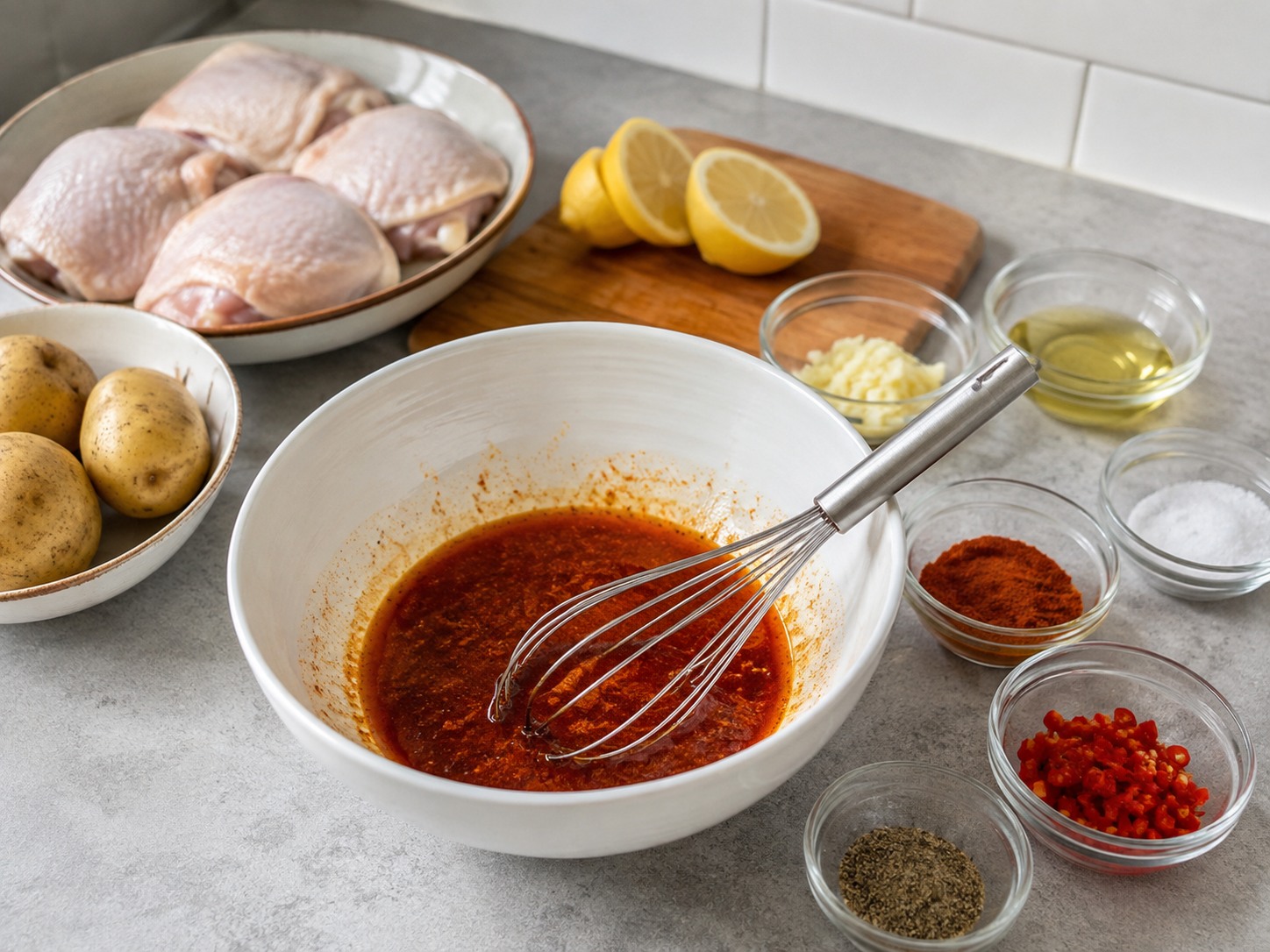 Ayam Piri-Piri dan Kentang Portugis — Campur cabai, paprika, lemon, dan minyak