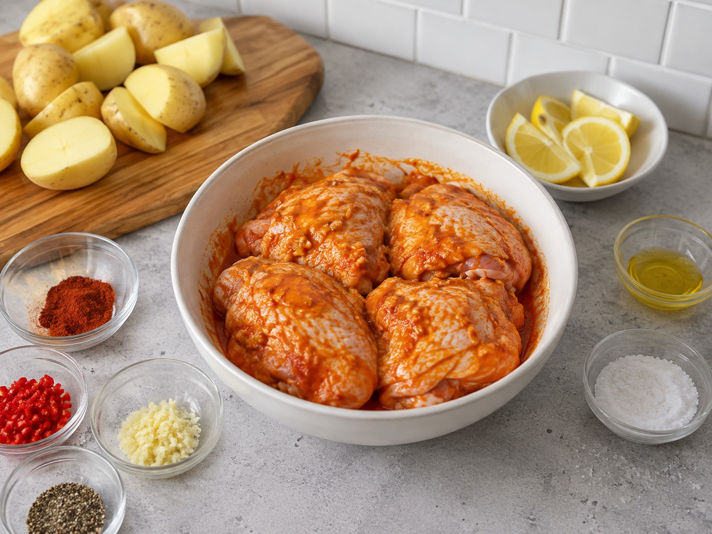 Ayam Piri-Piri dan Kentang Portugis — Keringkan ayam dan lapisi bumbu