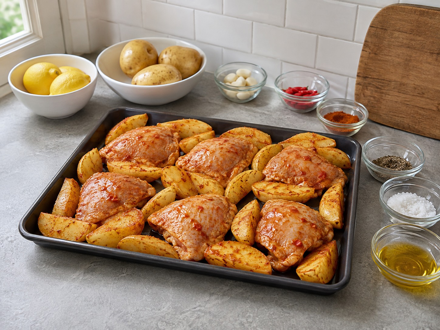 Ayam Piri-Piri dan Kentang Portugis — Susun ayam dan kentang di loyang