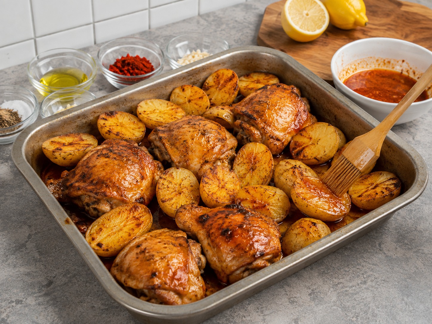Ayam Piri-Piri dan Kentang Portugis — Balik kentang dan olesi bumbu lagi