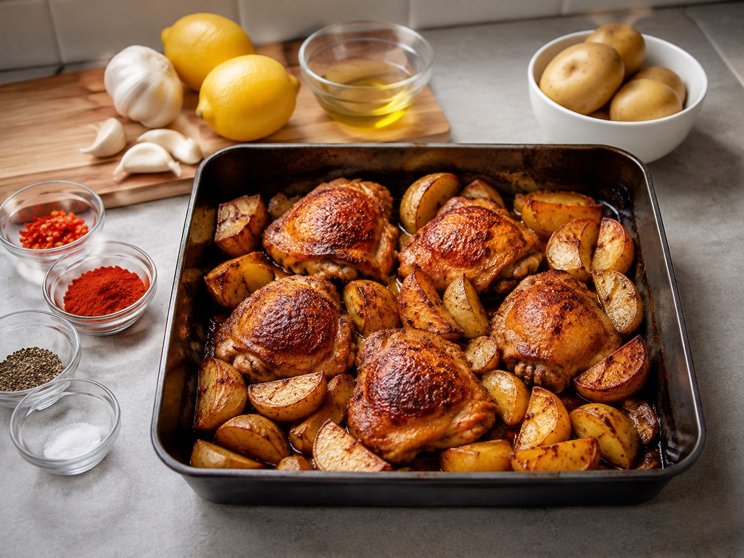 Ayam Piri-Piri dan Kentang Portugis — Panggang hingga ayam matang dan kentang renyah