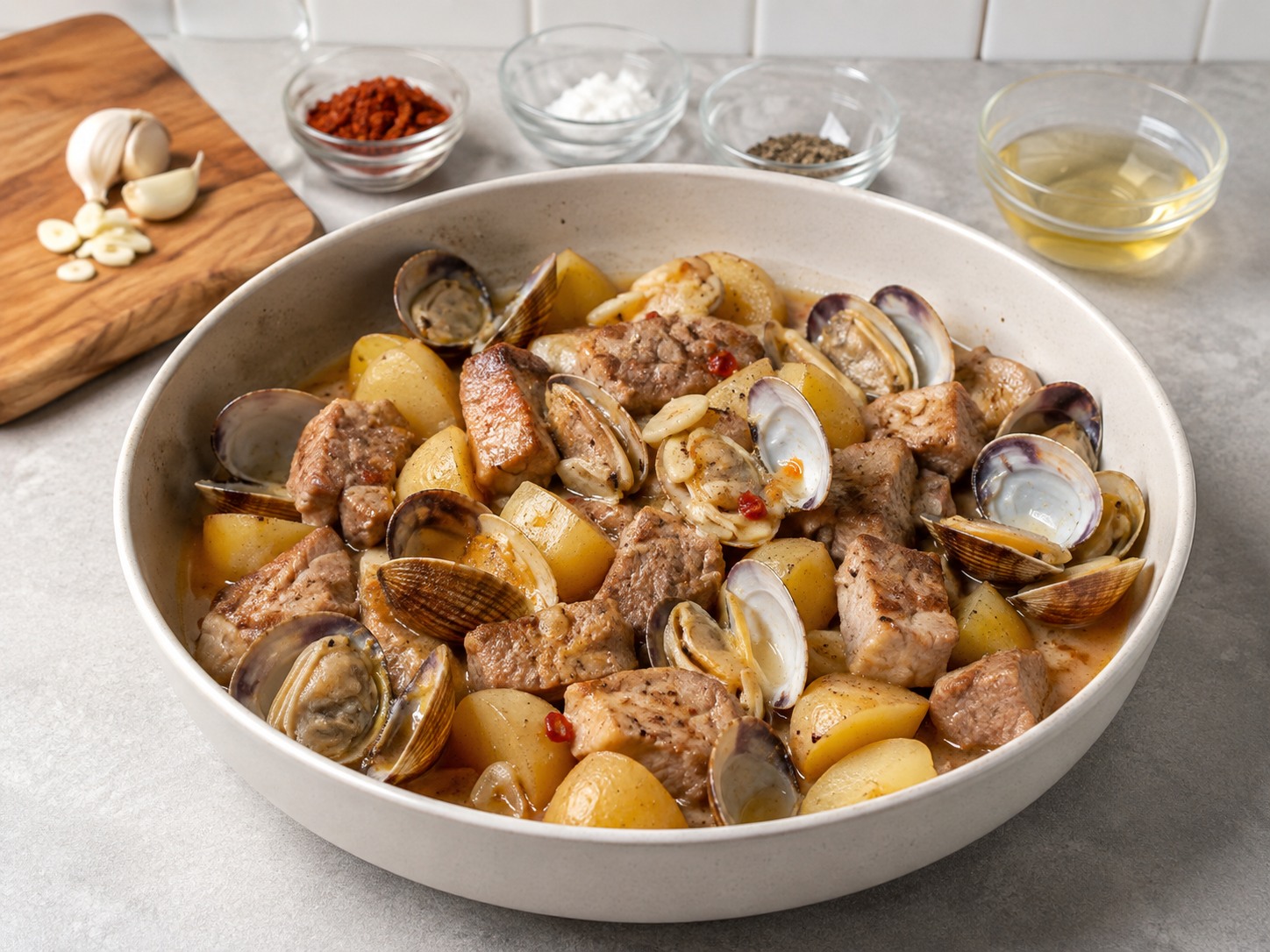 Portuguese Pork na may Halaan at Patatas — finished dish