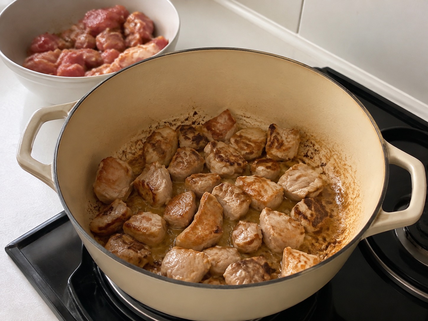 Portuguese Pork na may Halaan at Patatas — Kulayan nang kayumanggi ang baboy nang pangkat-pangkat