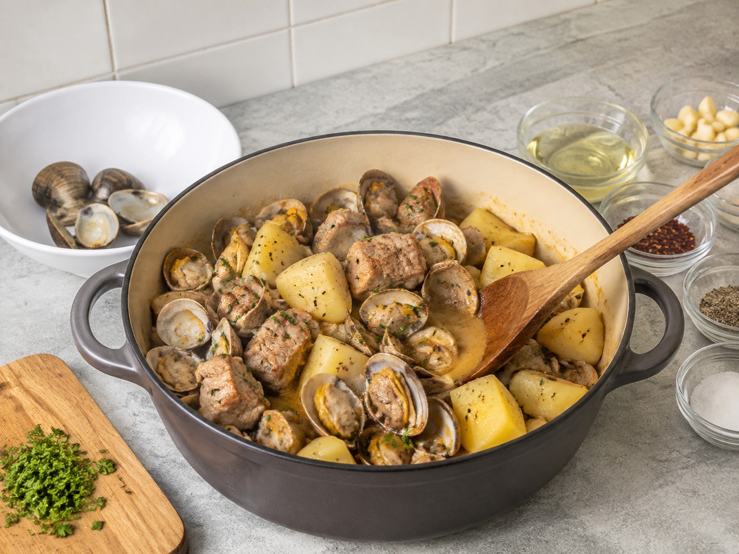 Portuguese Pork na may Halaan at Patatas — Itapon ang hindi bumukang halaan at ihalo ang patatas