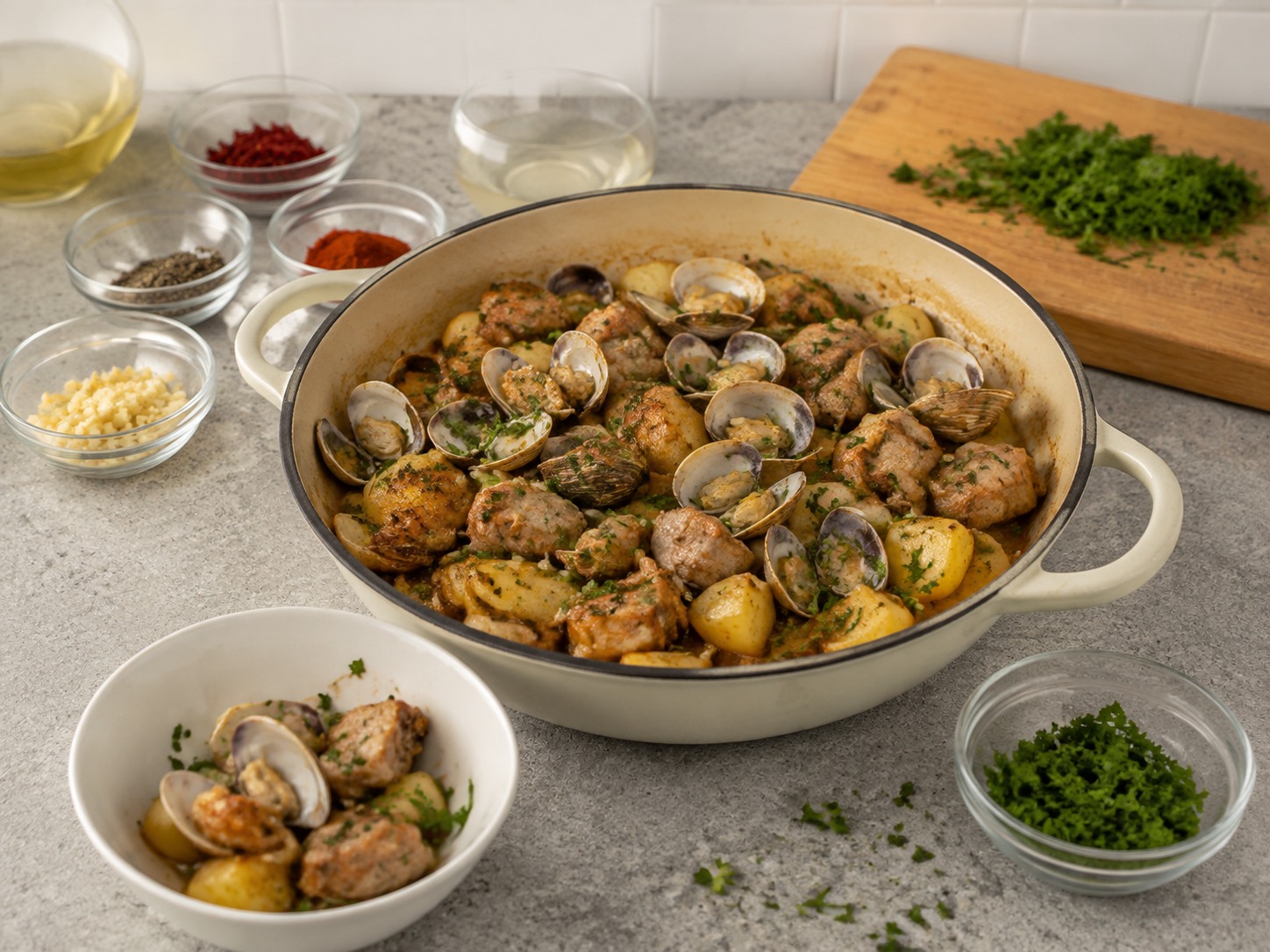 Portuguese Pork na may Halaan at Patatas — Tiyaking luto ang baboy, idagdag ang parsley, at ihain