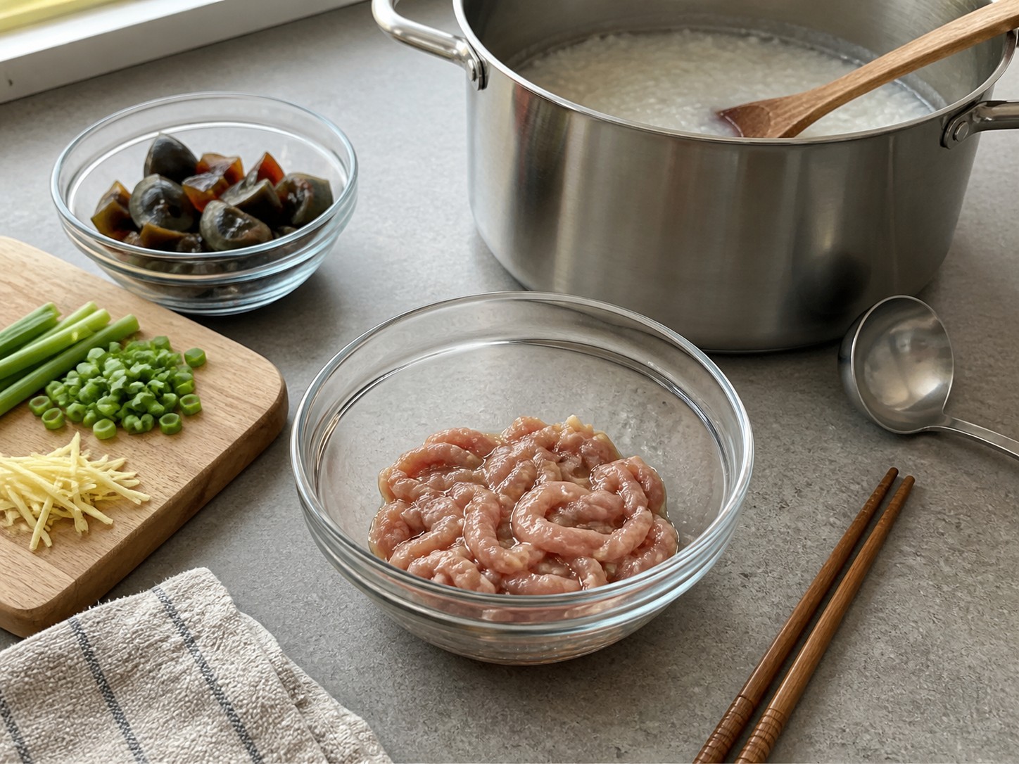 皮蛋瘦肉粥：冷藏醃肉