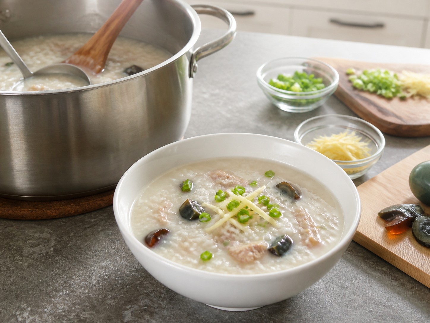 皮蛋瘦肉粥：完成上桌