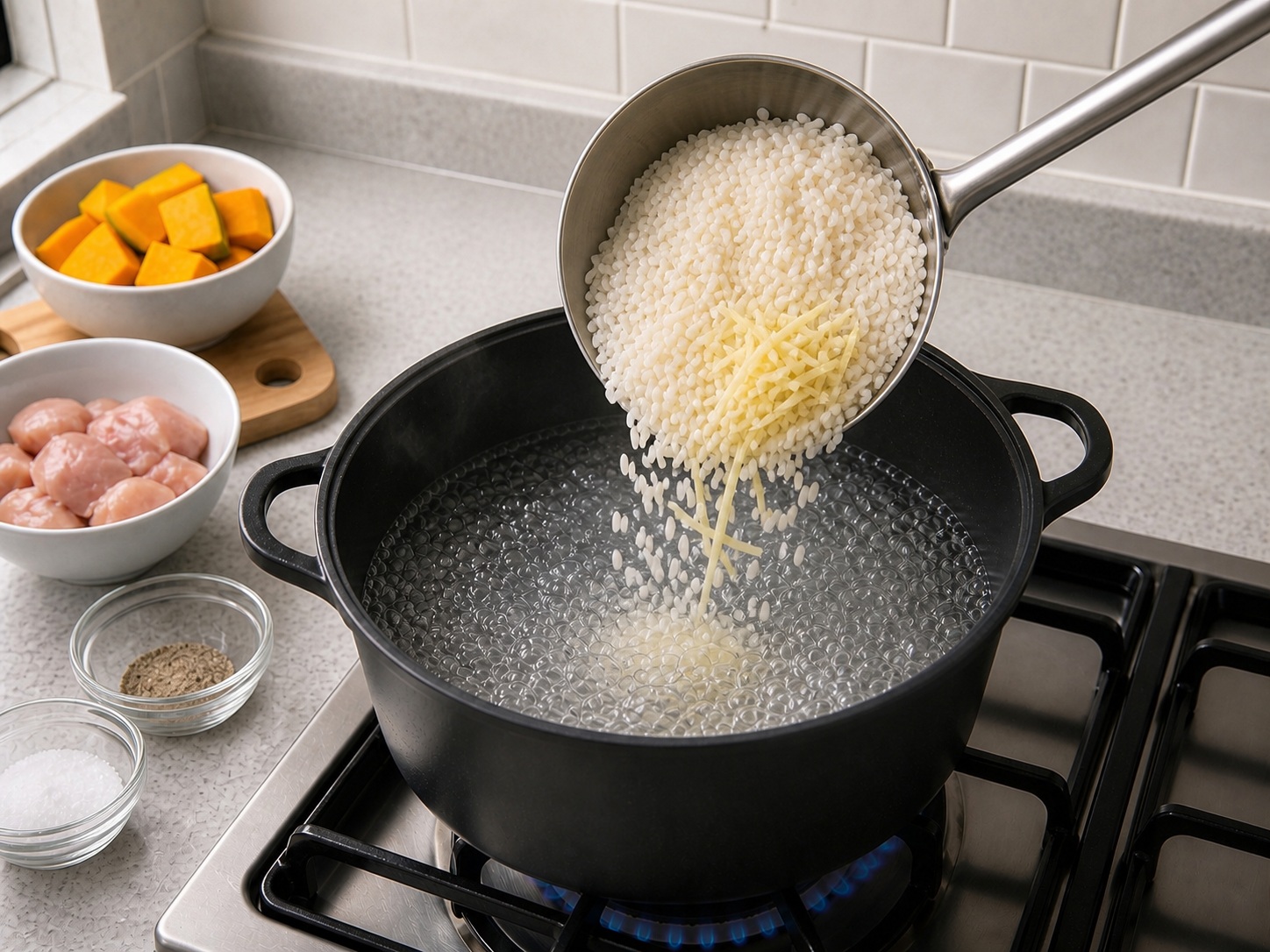 Bubur Ayam Labu — Masukkan beras ke air mendidih