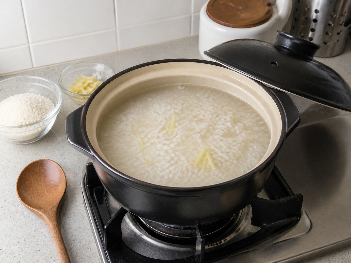 Bubur Ayam Labu — Masak beras 25 menit