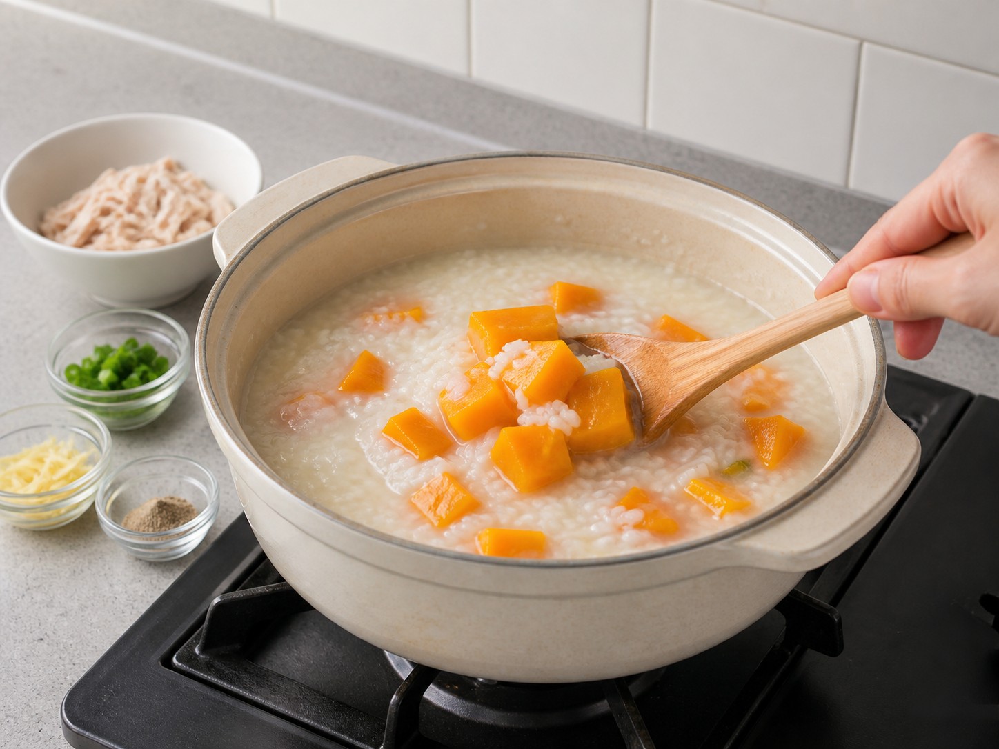 Bubur Ayam Labu — Masukkan labu