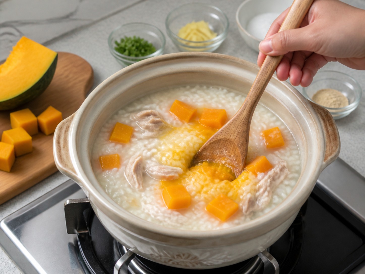 Bubur Ayam Labu — Hancurkan sebagian labu