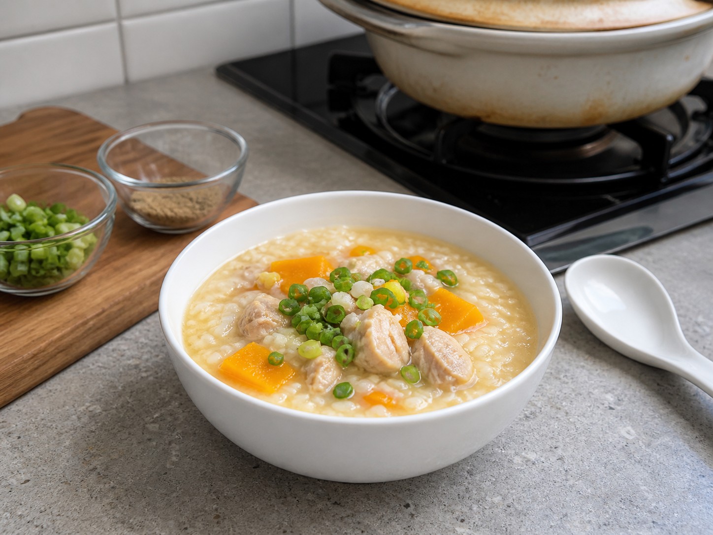 Bubur Ayam Labu — Taburi dan sajikan