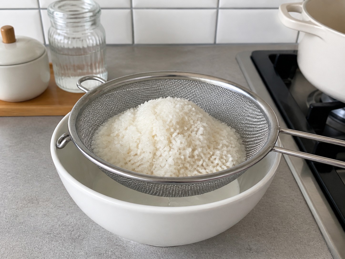 Nasi Ayam, Jamur Shiitake, dan Lap Cheong dengan Rice Cooker — Cuci dan tiriskan beras