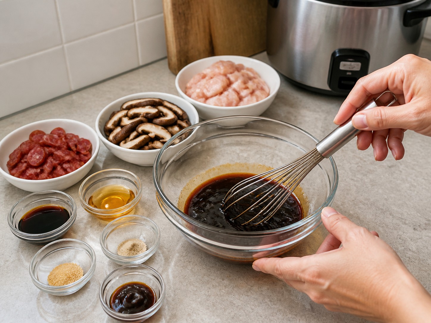 Nasi Ayam, Jamur Shiitake, dan Lap Cheong dengan Rice Cooker — Campur bumbu marinasi