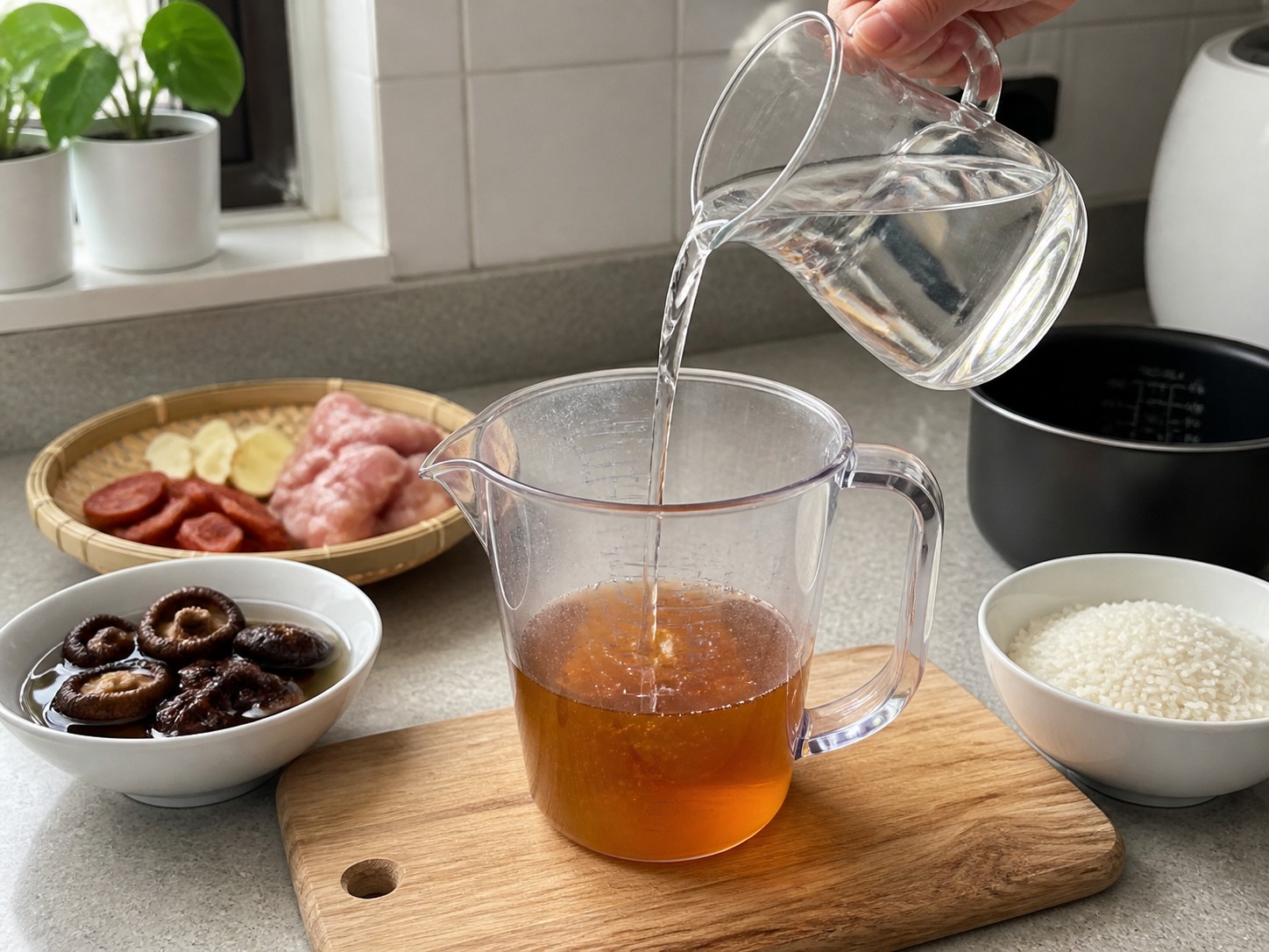 Nasi Ayam, Jamur Shiitake, dan Lap Cheong dengan Rice Cooker — Ukur 420 ml cairan