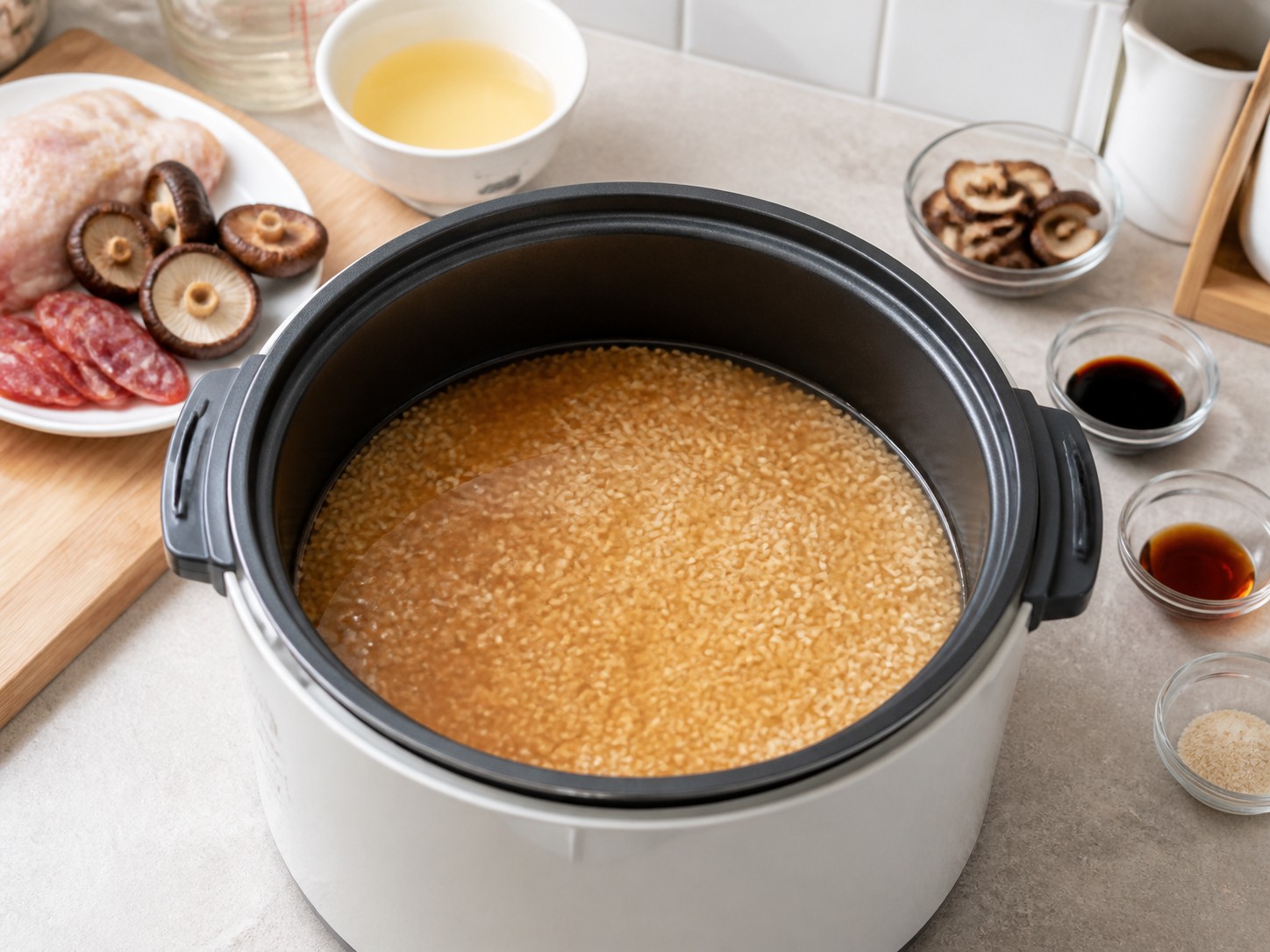 Nasi Ayam, Jamur Shiitake, dan Lap Cheong dengan Rice Cooker — Masukkan beras dan cairan