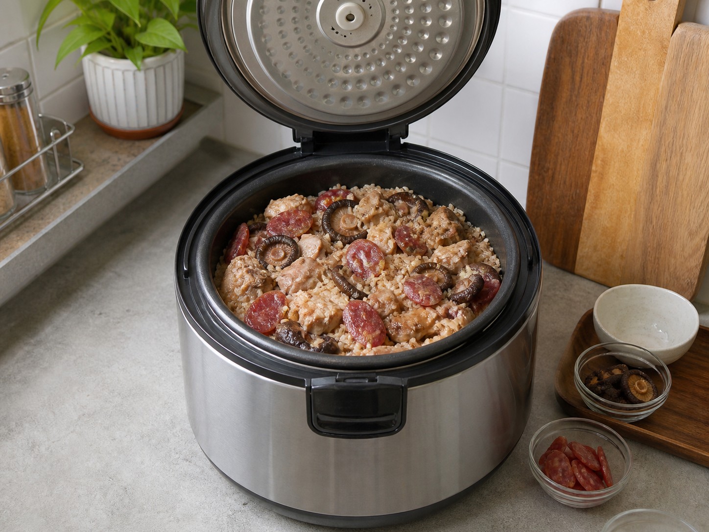 Nasi Ayam, Jamur Shiitake, dan Lap Cheong dengan Rice Cooker — Masak dan diamkan nasi