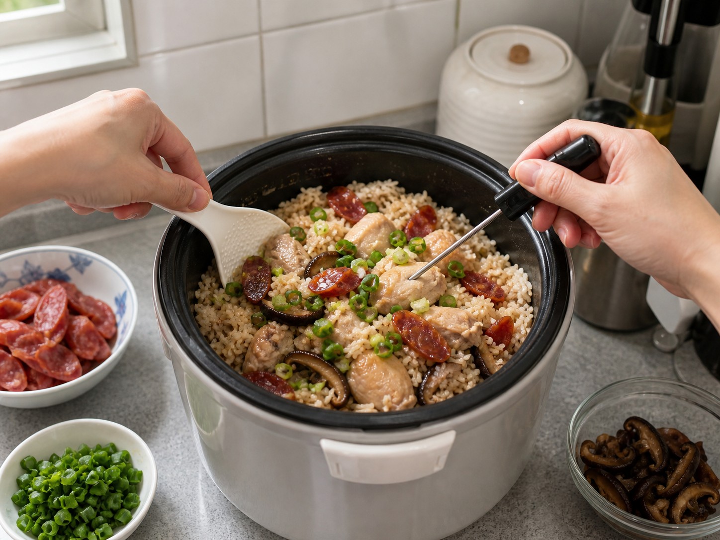 Nasi Ayam, Jamur Shiitake, dan Lap Cheong dengan Rice Cooker — Periksa, aduk, sajikan