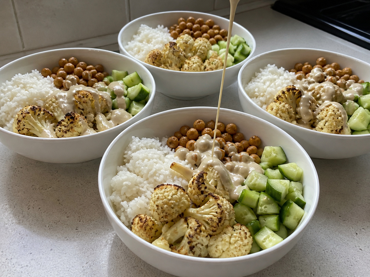 Bowl Kembang Kol dan Kacang Arab Panggang dengan Tahini: Susun hidangan