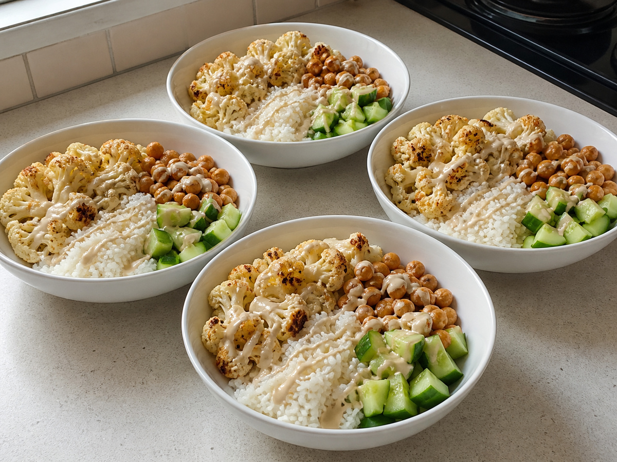 Bowl Kembang Kol dan Kacang Arab Panggang dengan Tahini: Sajikan