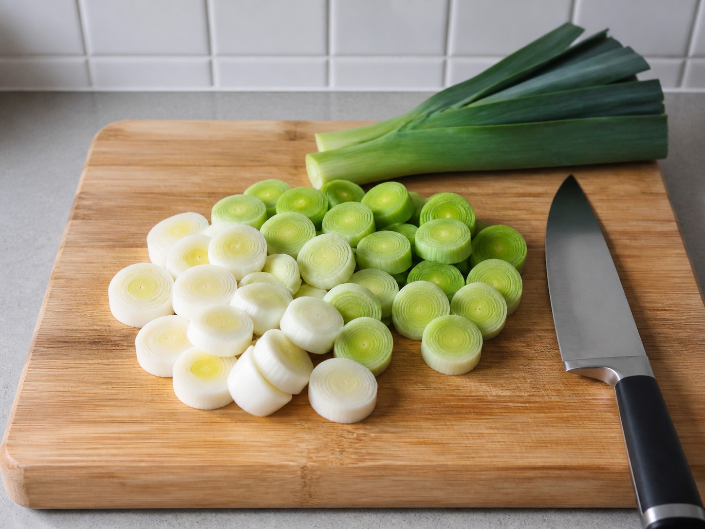Iris daun bawang prei bersih menjadi bulatan 1 cm: Iris daun bawang prei bersih menjadi bulatan 1 cm. Kerjakan dengan hati-hati, pertahankan panas, waktu, dan keadaan bahan yang disebutkan, lalu pastikan kematangan sebelum melanjutkan.