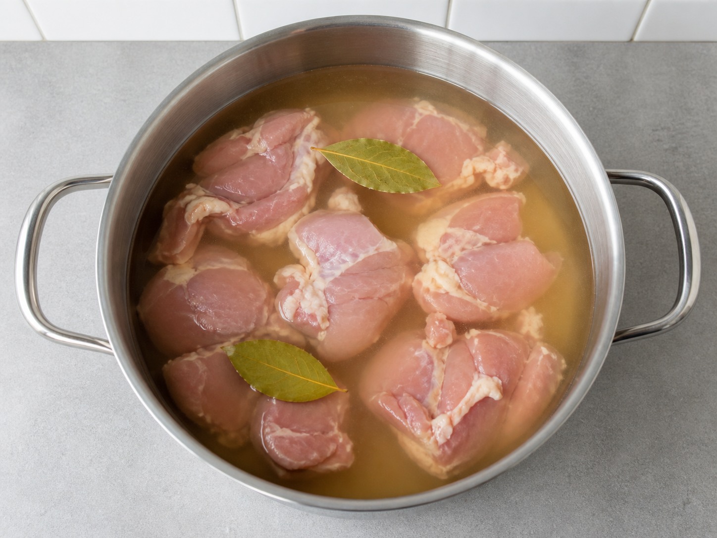 Masukkan ayam, kaldu, dan daun salam ke panci besar: Masukkan ayam, kaldu, dan daun salam ke panci besar. Kerjakan dengan hati-hati, pertahankan panas, waktu, dan keadaan bahan yang disebutkan, lalu pastikan kematangan sebelum melanjutkan.