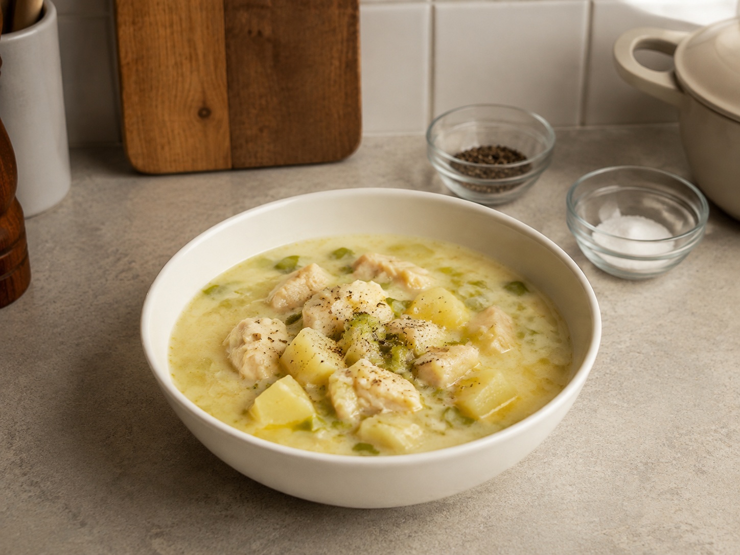 Sup Cullen Skink Haddock Asap Skotlandia: Haddock asap, kentang, dan daun bawang dimasak perlahan menjadi sup susu Skotlandia yang kental.