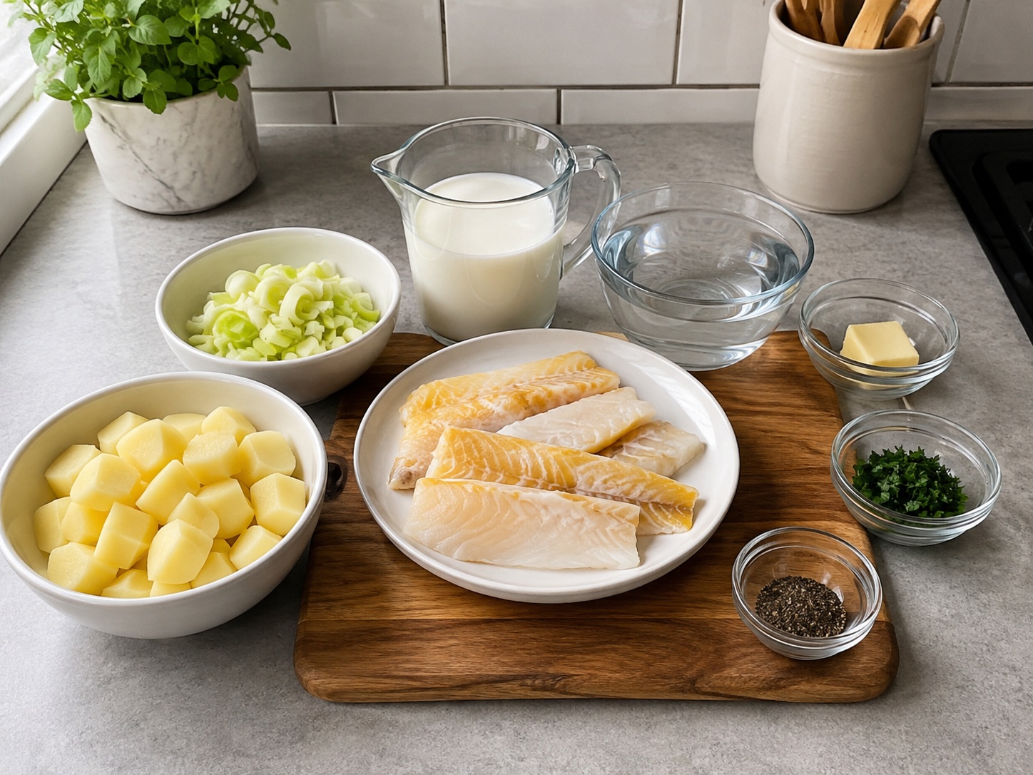 Sup Cullen Skink Haddock Asap Skotlandia: 500 g haddock asap, 500 g kentang besar, 1 buah daun bawang prei, 700 ml susu, 30 g mentega, 300 ml air, 15 g peterseli, 1 sdt Lada hitam