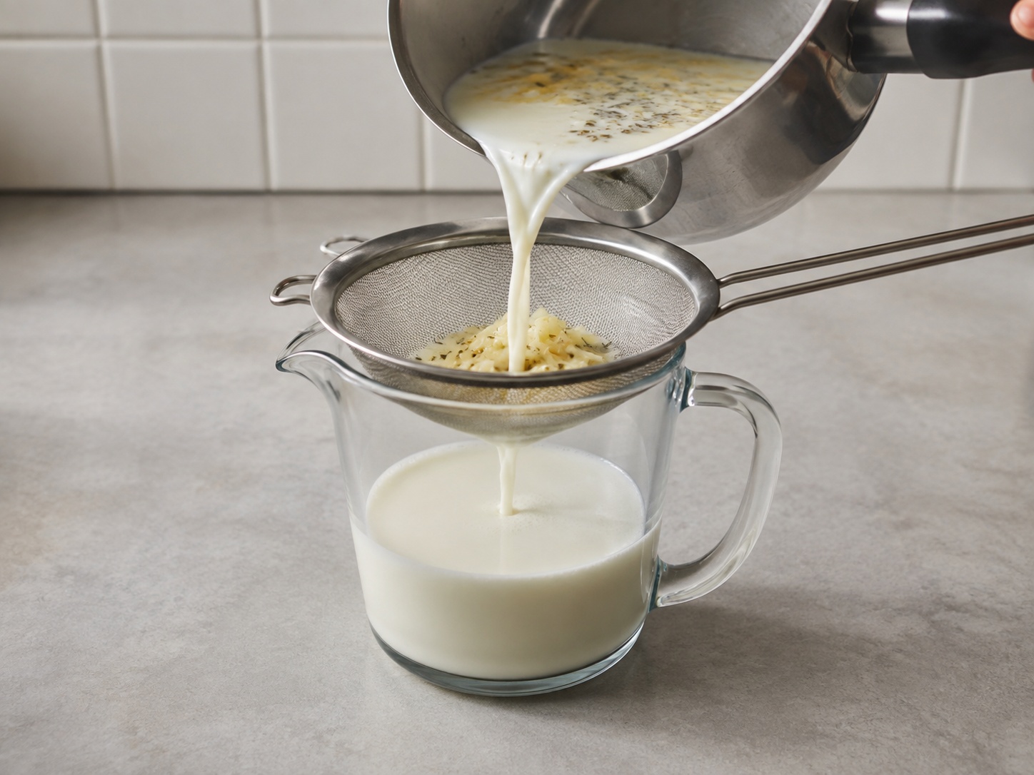 Sup Cullen Skink Haddock Asap Skotlandia — Saring susu: Saring susu ke gelas ukur.