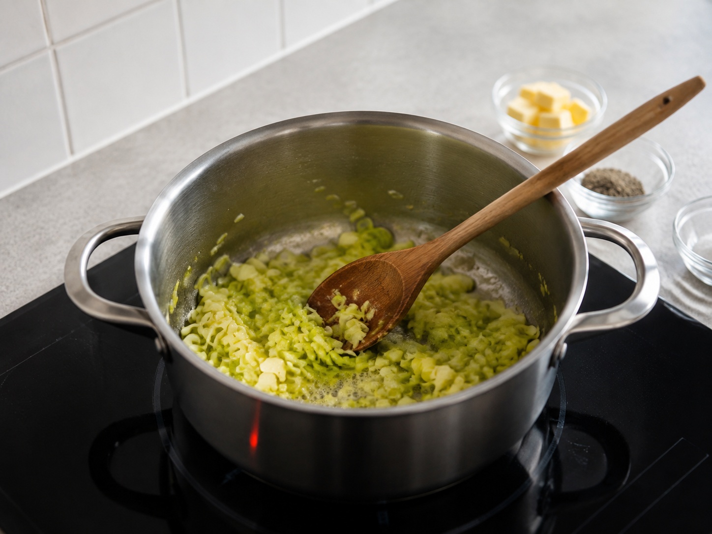 Sup Cullen Skink Haddock Asap Skotlandia — Lunakkan daun bawang: Masak daun bawang dengan mentega 5 menit.